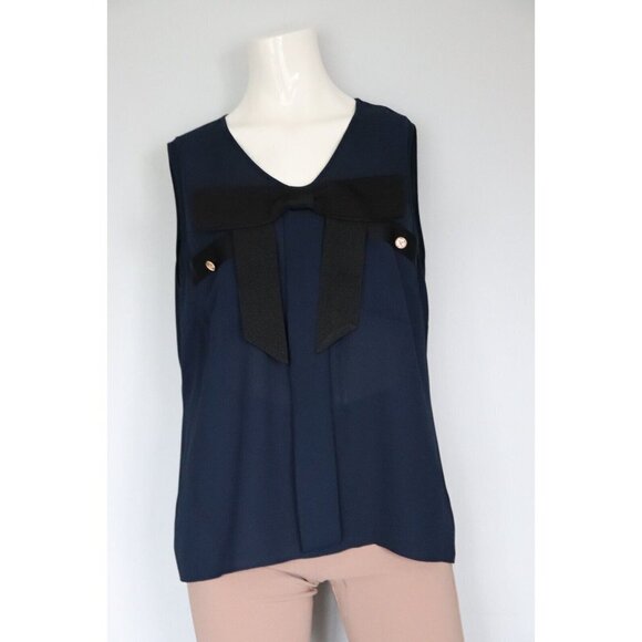 Edward Achour Paris Women's Size 46 US14 Blue Black Bow Blouse Sleeveless Shirt - Picture 1 of 10